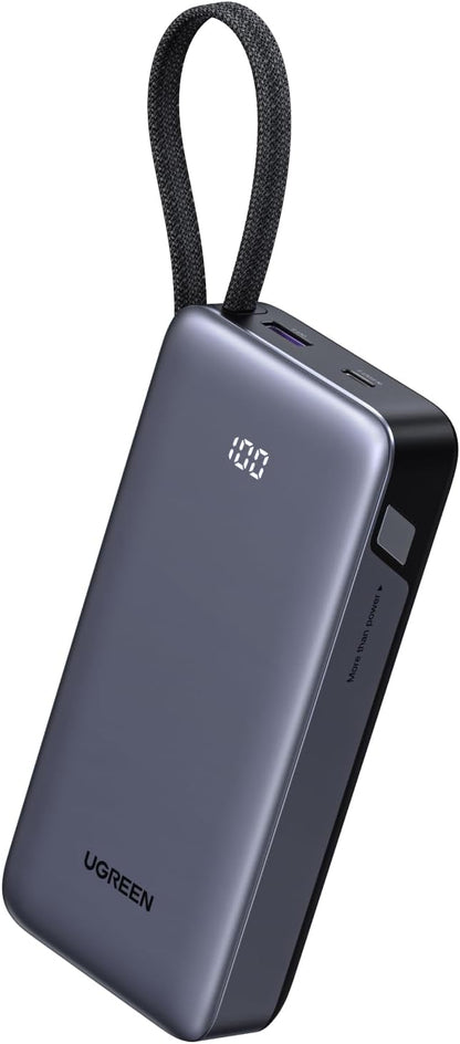 UGREEN Nexode Power Bank 20000mAh 45W with Built-in Cable, Fast Charging Portable Charger for iPhone 17 Pro/Samsung S26 Ultra/iPad Pro, 3-Port External Battery Pack with Digital Display, Travel Ready