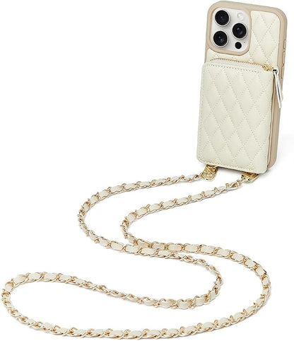 LAMEEKU for iPhone 15 Pro Wallet Case, Crossbody Case with Card Holder Quilted Leather Zipper Purse, Wrist Strap Lanyard Chain Cover for Women for iPhone 15 Pro 6.1" Beige