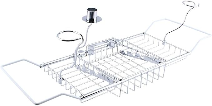 Bath Tray for Tub, Adjustable Bathtub Caddy Tray with Extending Side, Metal Bathtub Shelf Expandable Storage Rack Organizer with Wine Glass and Phone Holder for Home Bathroom Luxury Bathing, Silver