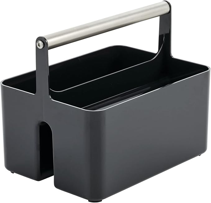 mDesign Plastic Shower Caddy Storage Organizer Utility Tote, Divided Basket Bin - Metal Handle for Bathroom, Dorm, Kitchen, Holds Soap, Shampoo, Conditioner - Aura Collection - Black/Brushed Chrome