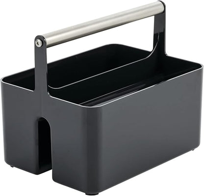 mDesign Plastic Shower Caddy Storage Organizer Utility Tote, Divided Basket Bin - Metal Handle for Bathroom, Dorm, Kitchen, Holds Soap, Shampoo, Conditioner - Aura Collection - Black/Brushed Chrome