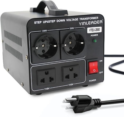 2000W Step Up/Down EU Voltage Transformer Converter 110V to 220V | OR Convert 220V to 110V Voltage Converter with 2US&2 EU outlets [110V US Power Cord Included Only, No 220V Cord]