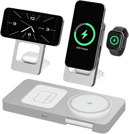 3 in 1 Wireless Charging Station for iPhone 17 16 15 14 13 12, Apple Watch 10 9 8 7 6 5 4 3 2 SE Ultra, AirPods 4 3 2 Pro, 15W Fast Charger Stand (Silver)