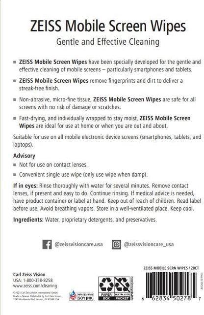 ZEISS Pre-Moistened Wipes, Screen Cleaner, 120 Count