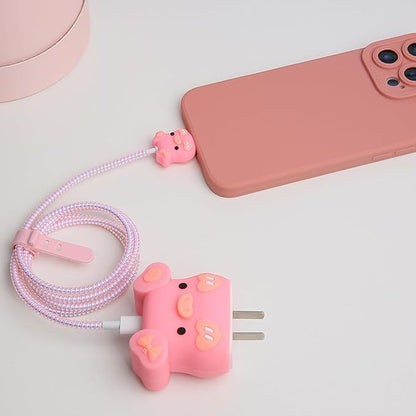 Compatible with Apple 20W/18W USB-C Adapter Charger, 3D Cartoon Protective Case for iPhone 20W USB-C Power Adapter Charger Fast Lightning Cable Cable Cover (Bowknot Pig)