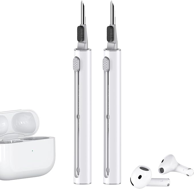 【2 Pack】 Cleaner Kit for AirPods Pro 1 2 3 Earbuds,Cleaning Kit Pen Shape with Soft Brush Flocking Sponge Tool for Bluetooth Earphones Headphones Charging Case,Phone,Camera and Computer(White)