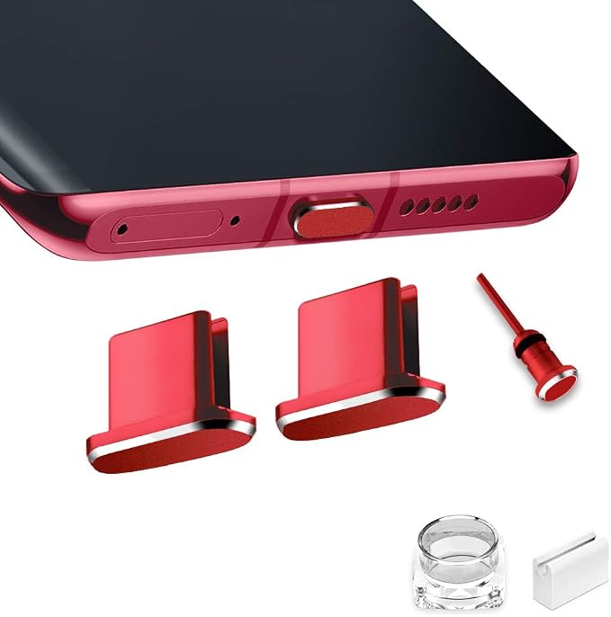 USB C Port Dust Cover Plug Cap 2 Metal Anti Dust Protectors for Smartphone MacBook Pro Air Charging Port Compatible with Samsung Galaxy S24 S23 S22 S21(Red)