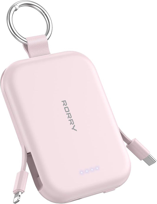 RORRY CharmGo Portable Charger, 5000mAh Portable Charger Power Bank with Built-in Cables, Travel Keychain Charger Battery Pack for iPhone 17/16/15/14/13/12, for AirPods 2/3/4/Pro, Pink