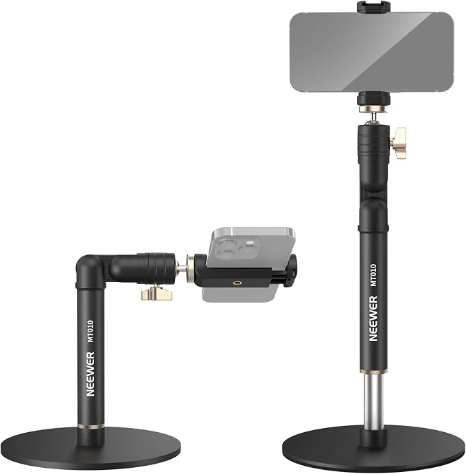 NEEWER Cell Phone Stand for Desk, Adjustable Office Table Phone Holder Mount Compatible with iPhone Samsung for Video Recording Filming, 360° Ball Head, Foldable Arm, Weighted Metal Base, MT010