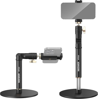 NEEWER Cell Phone Stand for Desk, Adjustable Office Table Phone Holder Mount Compatible with iPhone Samsung for Video Recording Filming, 360° Ball Head, Foldable Arm, Weighted Metal Base, MT010