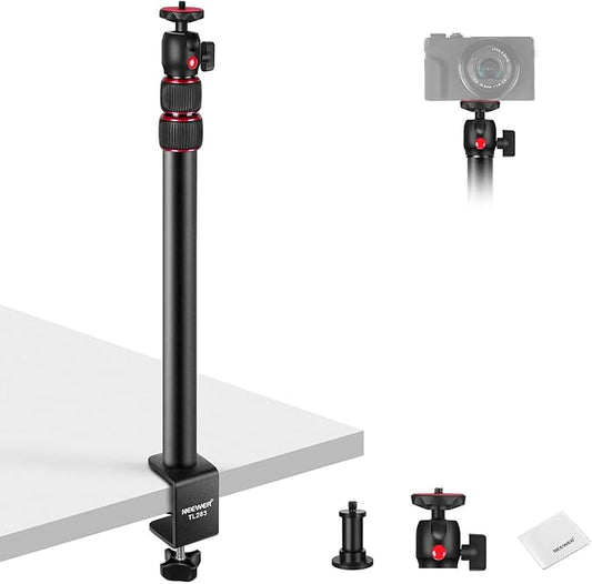 NEEWER Camera Desk Mount, Overhead Desktop Light Stand Microphone Boom Arm with Ball Head C Clamp Cleaning Cloth for DSLR Webcam Phone Holder Ring Light Mic Streaming Video Recording, Red TL283