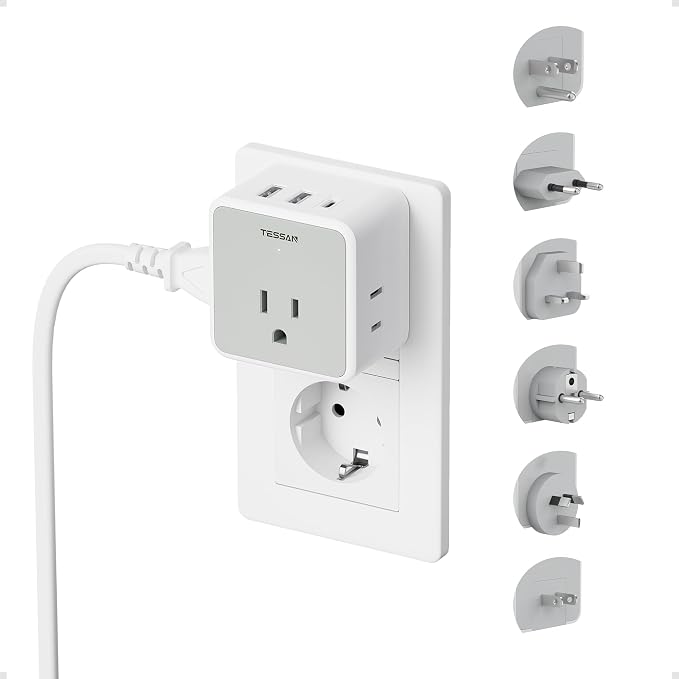 TESSAN 6-in-1 European UK Travel Plug Adapter Kit | 3 USB (1 USB C), 3 AC Outlets, Supports Type C, G, E/F, I, A, B, US to Europe UK Italy Australia Japan