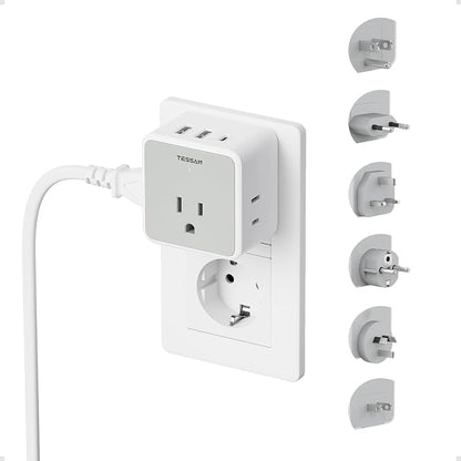 TESSAN 6-in-1 European UK Travel Plug Adapter Kit | 3 USB (1 USB C), 3 AC Outlets, Supports Type C, G, E/F, I, A, B, US to Europe UK Italy Australia Japan