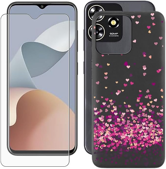 Cover for ZTE Blade A73 (6.52 inch) Case + Screen Protector，Tempered Glass 9H Hardness Protective Film and Soft Silicone Bumper Shell Black TPU Phone case -A lot of Love