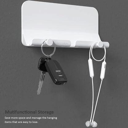Wall Mount Phone Holder, D2 Hands-Free Adhesive Phone Holder with Cable Hole & Hooks, Wall Mounted Cell Phone Holder for Bathroom Kitchen Bedroom RV, Compatible with iPhone Smartphones (2 Pack- Grey)
