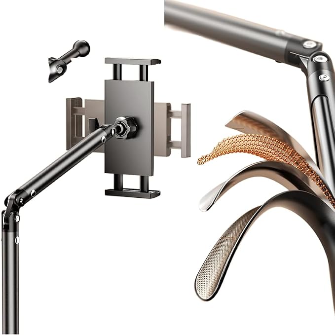 Adjustable Overhead Phone Stand for Desk, Black Metal Articulating Arm Mount, Desktop Video Recording Tripod, Live Streaming Photography Holder