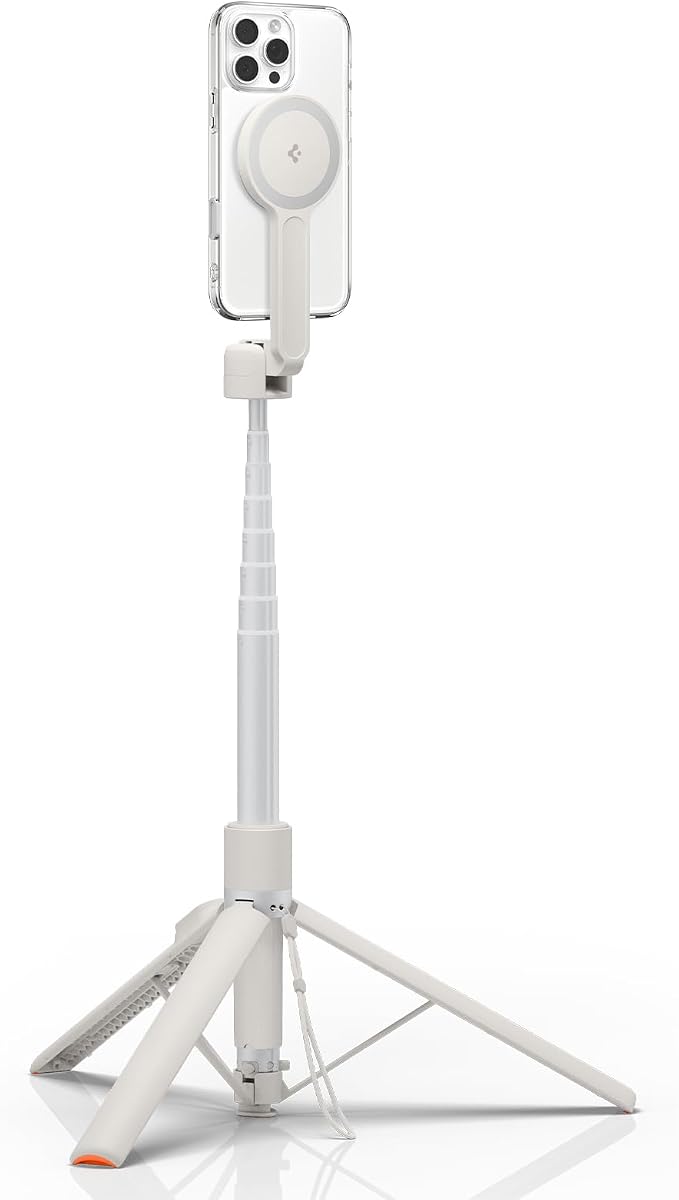 Spigen Selfie Stick Automatic Tripod Stand with Bluetooth Remote Control Shutter 57" Extendable Compatible with MagSafe iPhone 17/16/15/14/13/12 Pixelsnap Pixel 10 Series & More - Dune Beige (S581W)