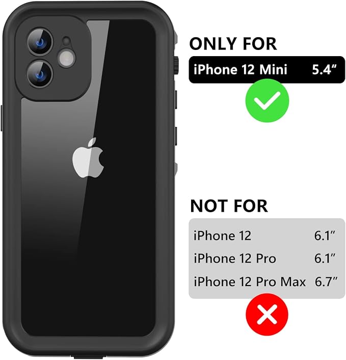 Protebox for iPhone 12 Mini Waterproof Case with Built-in Screen Protector, Shockproof Dustproof Full Body Protective IP68 Waterproof Phone Case for iPhone 12 Mini 5.4 inch (Black/Clear)