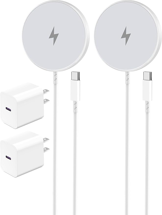 Magnetic Wireless Charger for Apple iPhone 17/16/15/14/13/12/11/AirPods, 2-Pack Fast Charging Long Cable 10ft Magnet Pad & 2-Pack Type-c Charger Block, White