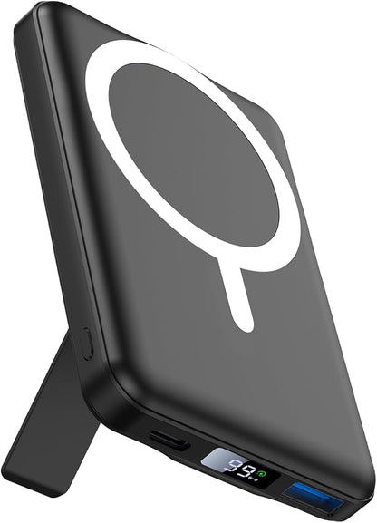 AOGUERBE for MagSafe Portable Charger, 10000mAh Magnetic Power Bank 22.5W Fast Charging, Mini Battery Pack Wireless with LED Display&Foldable Stand for iPhone 17/16/15/14/13/12 Series (Obsidian Black)