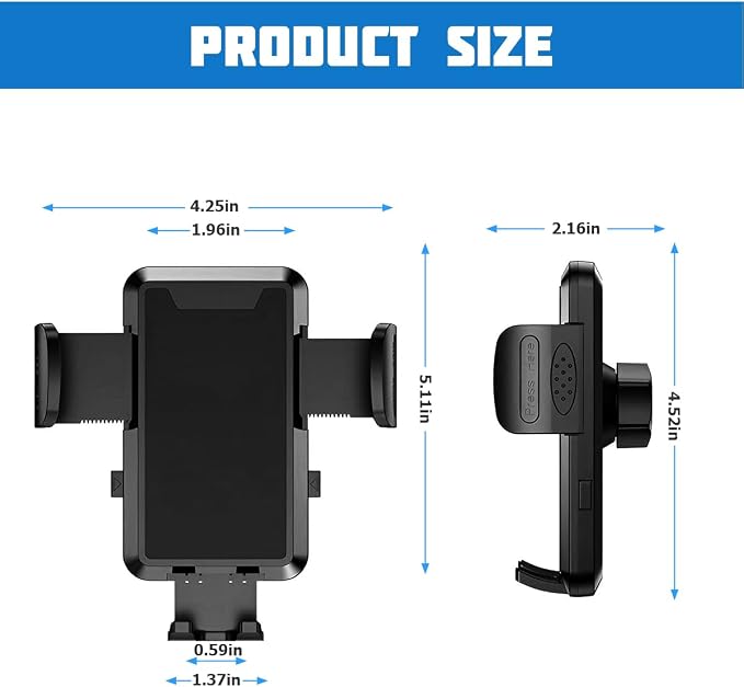 Car Phone Holder Mount, 360° Rotation Adjustable Vehicle Phone Stand with Metal Hook Clip, Auto Cellphone Holder Mount for Air Dashboard Windshield Vent, Universal for SUV RV Truck (Black)