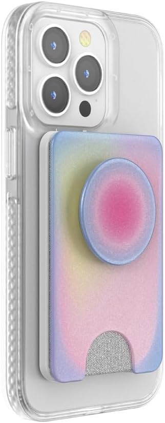 PopSockets Phone Wallet with Expanding Grip and Adapter Ring for MagSafe®, Phone Card Holder, Wireless Charging Compatible, Wallet Compatible with MagSafe - Aura