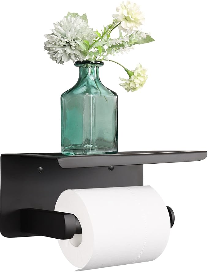 NearMoon Toilet Paper Holder with Shelf, Heavy Duty Bath Toilet Roll Holder with Phone Shelf Tissue Hanger for Bathroom/Kitchen No Drill or Wall Mounted(304 Stainless Steel, Matte Black)