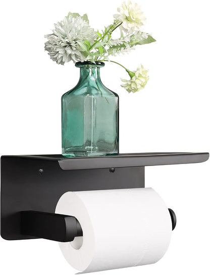 NearMoon Toilet Paper Holder with Shelf, Heavy Duty Bath Toilet Roll Holder with Phone Shelf Tissue Hanger for Bathroom/Kitchen No Drill or Wall Mounted(304 Stainless Steel, Matte Black)