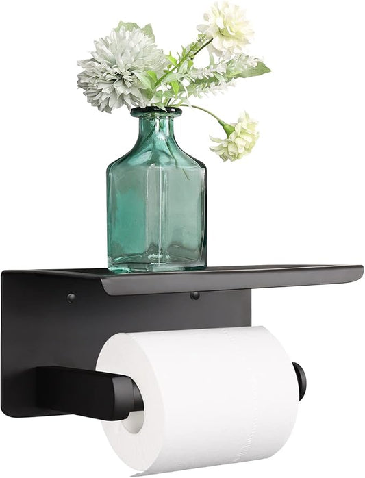 NearMoon Toilet Paper Holder with Shelf, Heavy Duty Bath Toilet Roll Holder with Phone Shelf Tissue Hanger for Bathroom/Kitchen No Drill or Wall Mounted(304 Stainless Steel, Matte Black)