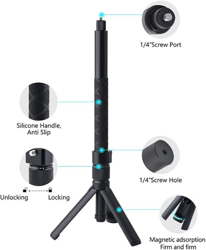 Bullet Time Handle Tripod Rotating Grip with Invisible Selfie Stick for Insta360 X5/X4, DJI OSMO Pocket 3, GoPro,1/4" Thread, 6 lbs Capacity, Compact Selfie Stick & Tabletop Tripod (47 inches)