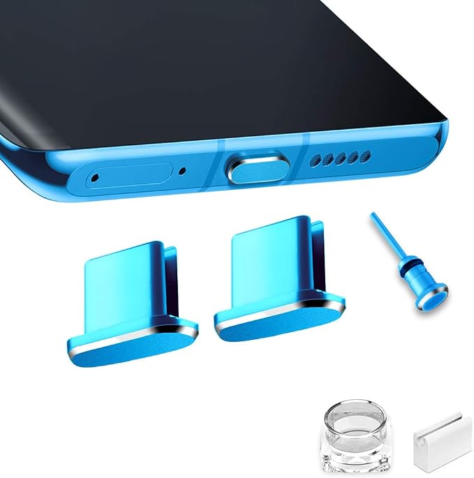 USB C Port Dust Cover Plug Cap 2 Metal Anti Dust Protectors for Smartphone Laptop Charging Port with SIM Card Removal Pin Compatible with Samsung Galaxy S24 S23 S22 S21(Blue)
