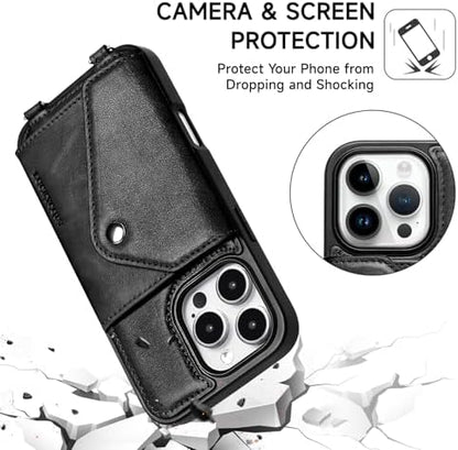 LUCKYCOIN for iPhone 16 Pro Crossbody Wallet Case – Genuine Leather Phone Purse with Adjustable Strap and Card Holder,Lanyard Phone Purse Case for Women,Vintage Black