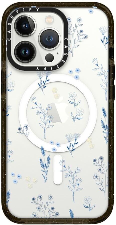 CASETiFY Impact iPhone 13 Pro Case [4X Military Grade Drop Tested / 8.2ft Drop Protection/Compatible with Magsafe] - Small Blue Flowers - Clear Black