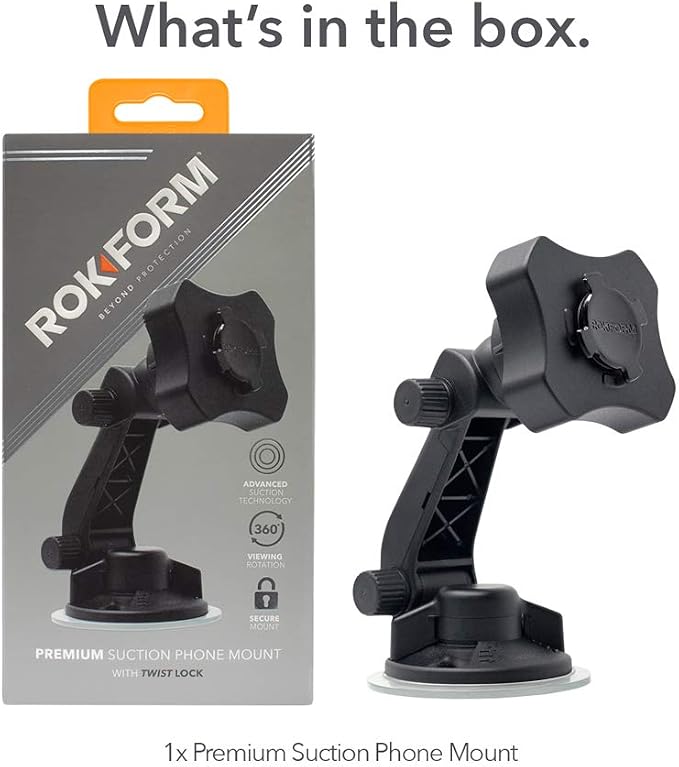 Rokform - Adjustable Windshield Phone Mount Secured by Strong Suction Cup Base, 210 Degrees of Tilt and 360 Degree of Rotation Phone Holder Compatible with ALL Rokform Twist Lock Cases