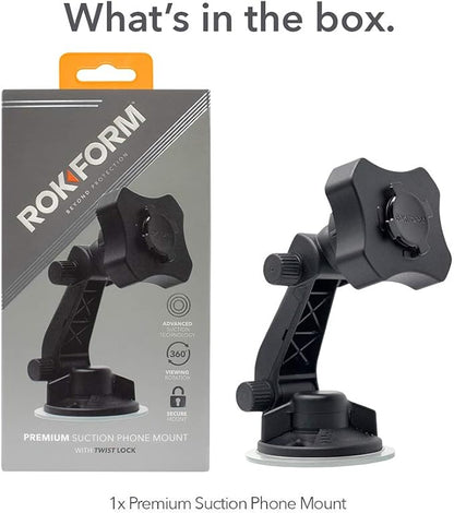 Rokform - Adjustable Windshield Phone Mount Secured by Strong Suction Cup Base, 210 Degrees of Tilt and 360 Degree of Rotation Phone Holder Compatible with ALL Rokform Twist Lock Cases