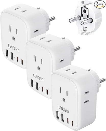 LENCENT 3 Pack Germany France Travel Power Adapter, Schuko Type E/F | Plug Adapter with 4 USB Ports (2 Type C), 4 Outlet Converter, US to EU Spain French German Greece Norway Iceland South Korea
