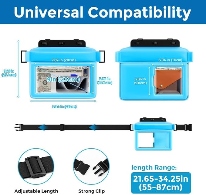 JOTO Large Floating Waterproof Phone Pouch with Adjustable Waist Strap, Water Proof Fanny Pack Dry Bag Wallet for Cellphone Passport Watch and Valuables, Beach Essential for Swimming Snorkeling -Blue