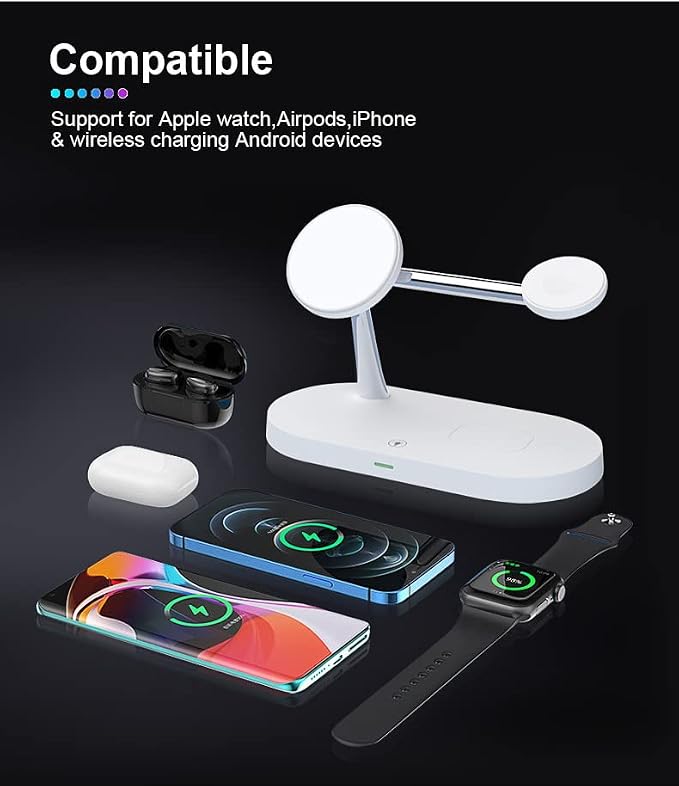 5 in 1 Magnetic Wireless Charging Stand, 15W Fast Mag-Safe Charging Station ，with Neutral Light Design for iPhone 17/16/15/14/13/12 Series, iWatch 7/SE/6/5/4/3/2, Airpods 3/2/Pro (White)
