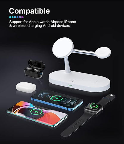 5 in 1 Magnetic Wireless Charging Stand, 15W Fast Mag-Safe Charging Station ，with Neutral Light Design for iPhone 17/16/15/14/13/12 Series, iWatch 7/SE/6/5/4/3/2, Airpods 3/2/Pro (White)