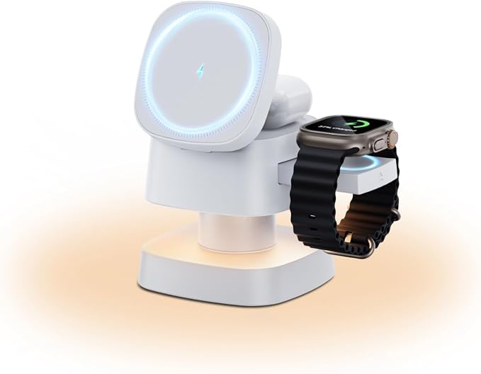 4 in 1 Magnetic Wireless Charging Station,15W Fast Charging with Adjustable Night Light,3 in 1 Wireless Charging Station for iPhone 17/16/15/14/13/12/11 Pro Max & Apple Watch,AirPods (White)