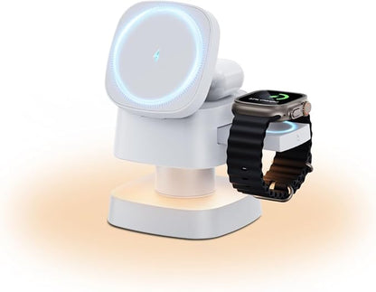 4 in 1 Magnetic Wireless Charging Station,15W Fast Charging with Adjustable Night Light,3 in 1 Wireless Charging Station for iPhone 17/16/15/14/13/12/11 Pro Max & Apple Watch,AirPods (White)