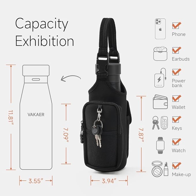 VAKAER Magnetic Gym Bag, Water Bottle Carrier Holder with Phone Pocket & Adjustable Strap,10 Ultra-Strong Magnets Stick to Fitness equipment, Workout Accessories Pouch for Women & Men, Black