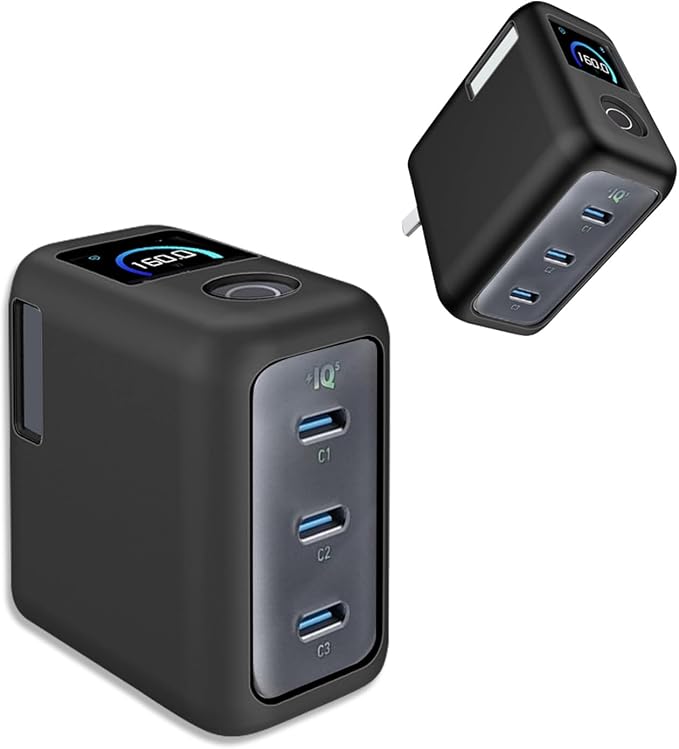 Silicone Case for Anker 160W 3-Port Compact USB C GaN Charger Block,Full-Body Protective Cover for Anker Prime Charger,Precise Port Cutouts (Case Only) Black