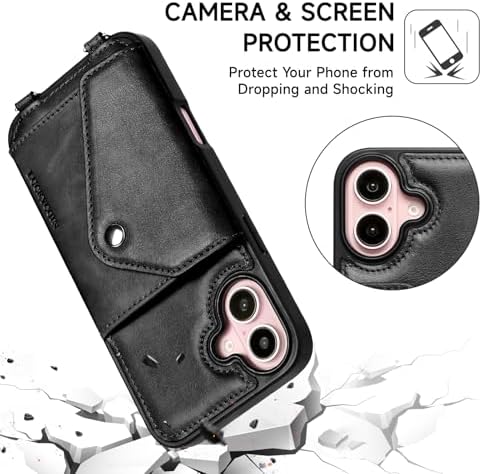 LUCKYCOIN for iPhone 16 Plus Crossbody Wallet Case – Genuine Leather Phone Purse with Adjustable Strap and Card Holder,Lanyard Phone Purse Case for Women,Vintage Black