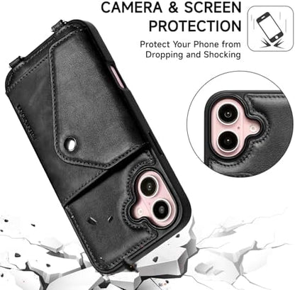 LUCKYCOIN for iPhone 16 Plus Crossbody Wallet Case – Genuine Leather Phone Purse with Adjustable Strap and Card Holder,Lanyard Phone Purse Case for Women,Vintage Black