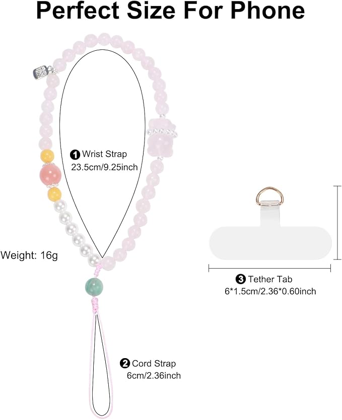TEAMOLA Natural Stone Phone Charm, Handmade Crystal Cellphone Chain for Universal, Beaded Healing Anti Theft Phone Wrist Strap with Tether Tab, Rose Quartz & Amazonite & Yellow Agate & Shell Beads