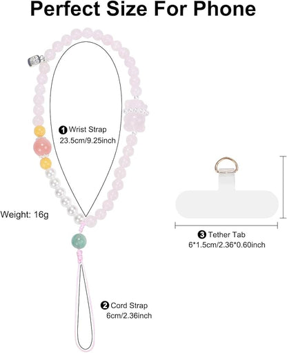 TEAMOLA Natural Stone Phone Charm, Handmade Crystal Cellphone Chain for Universal, Beaded Healing Anti Theft Phone Wrist Strap with Tether Tab, Rose Quartz & Amazonite & Yellow Agate & Shell Beads