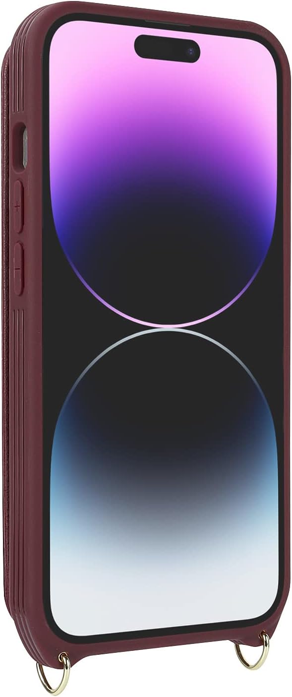 Lipvina for iPhone 14 Pro Case with Card Holder for Women,Phone Case with Strap,Crossbody Lanyard,RFID Blocking,Ring Stand,Snap Clasp,Cute Wallet Case 6.1 inch(Wine Red)