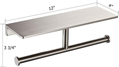 Toilet Paper Holder,Brushed Nickel Double Toilet Paper Roll Holder with Storage Shelf,Wall Mount Brass Toliet Tissue Dispenser for Home and Hotel Bathrooms