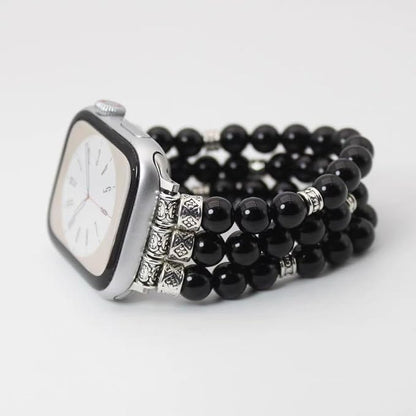 Black Agate Bracelet Compatible for Apple Watch Band 40mm/38mm/41mm Series 9 8 7 SE Series 6/5/4 Women Fashion Natural Gemstone Handmade Stretchy Watch Strap (42mm/44mm/45mm)